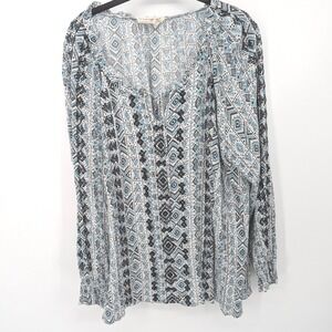 Savanna Jane Top Womens Plus 3X‎ Blue Geometric Boho Long Sleeve V-Neck Rayon
